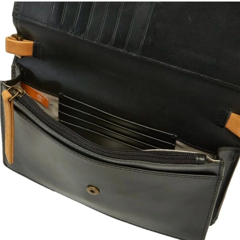Timberland Black Leather Crossbody with Tan Strap